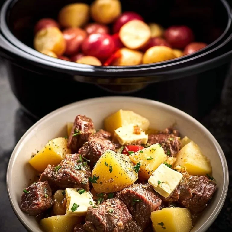 Crockpot Garlic Butter Beef Bites served with tender potatoes