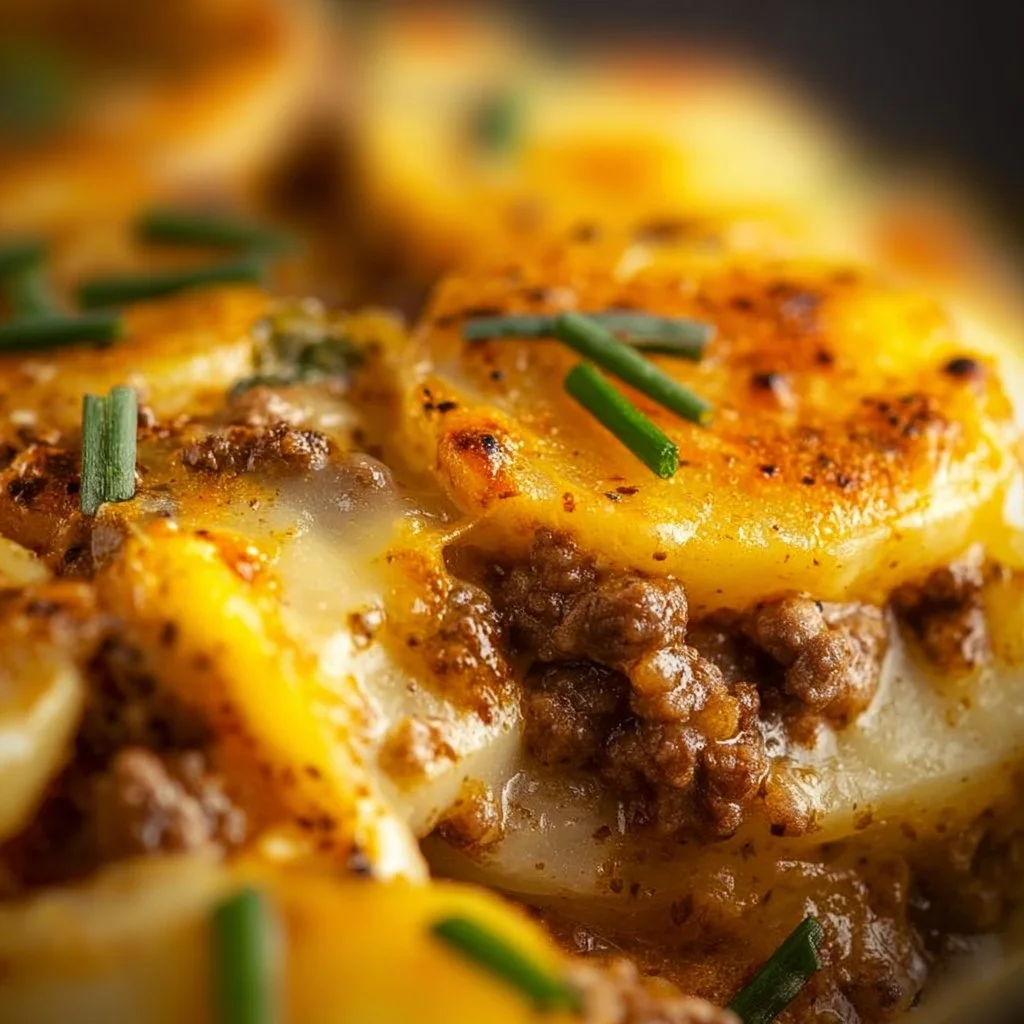 Crockpot Hamburger Potato Casserole topped with cheese and herbs