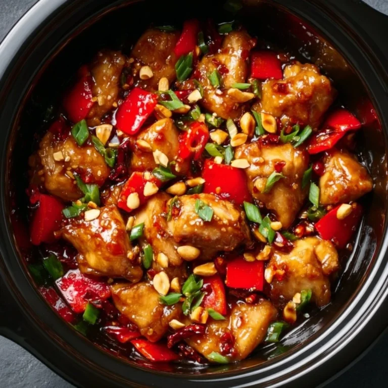 Crockpot Kung Pao Chicken served with rice and garnished with green onions