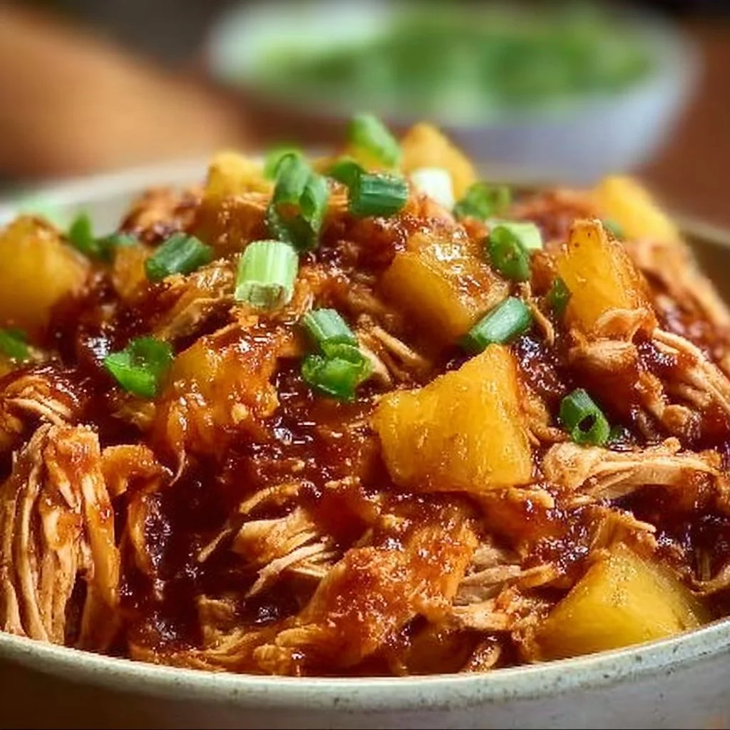 Crockpot Pineapple BBQ Chicken served with rice and garnished with green onions