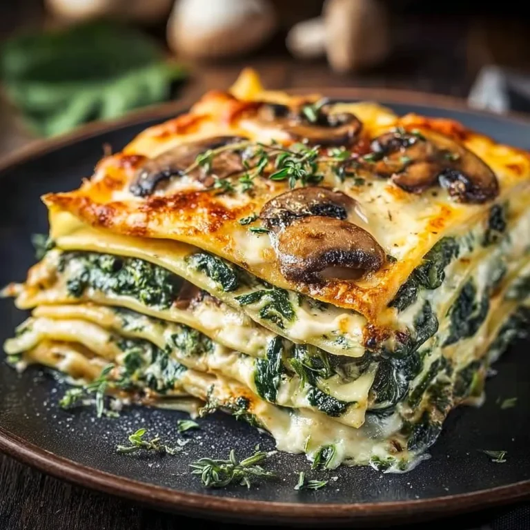 Creamy spinach and mushroom lasagna served on a plate with fresh basil garnish
