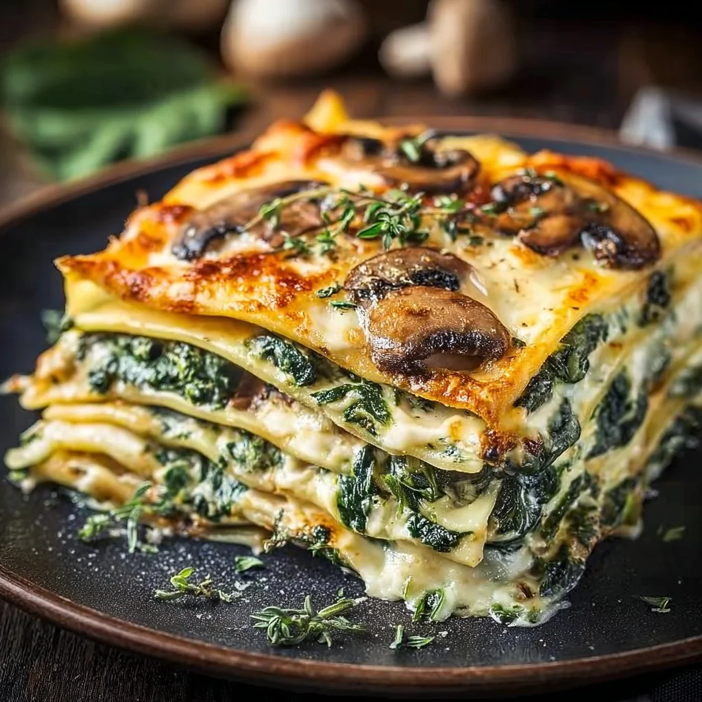 Creamy spinach and mushroom lasagna served on a plate with fresh basil garnish