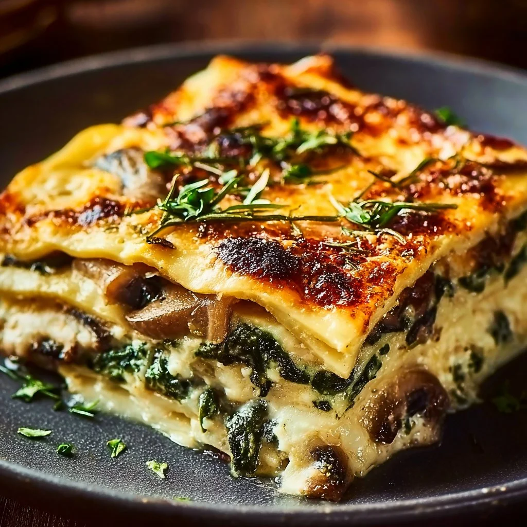 Creamy spinach mushroom lasagna served in a dish with fresh herbs