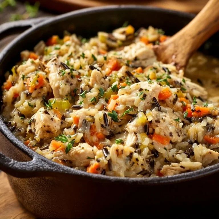 Baked chicken wild rice casserole topped with herbs and cheese in a casserole dish.
