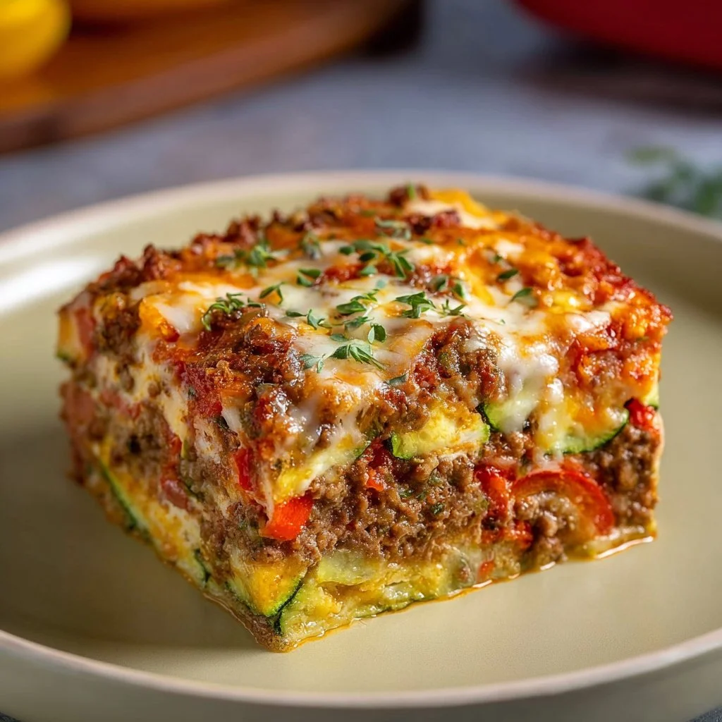 Delicious zucchini pizza casserole served in a dish with toppings and herbs