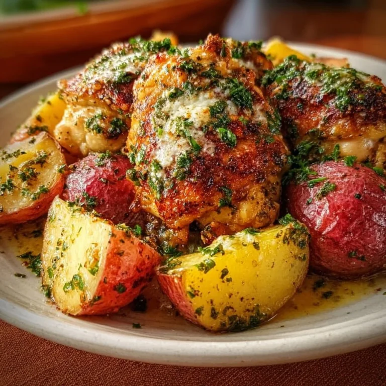 Slow Cooker Parmesan Garlic Chicken with potatoes in a serving dish