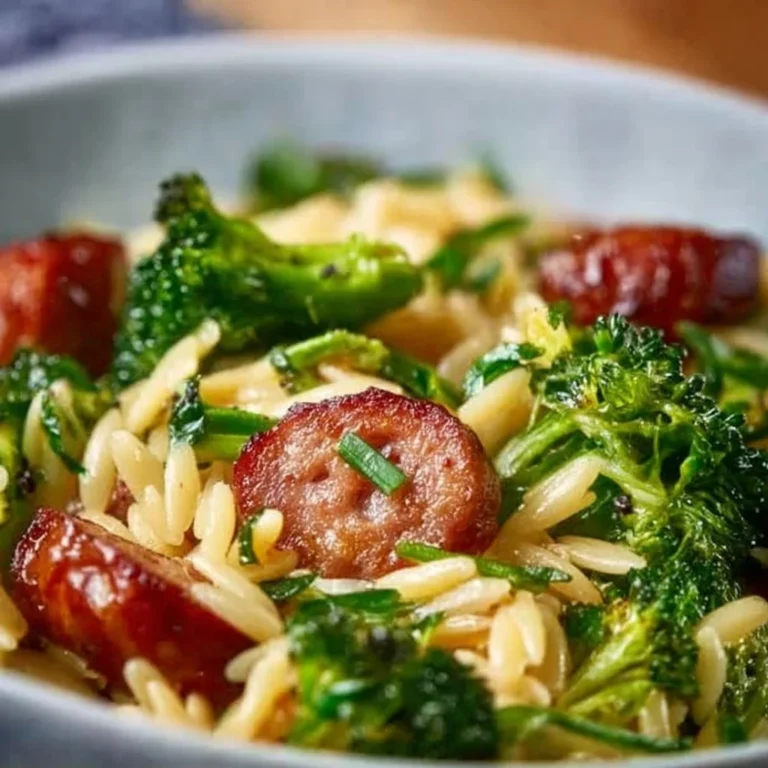 Plate of easy chicken sausage and broccoli orzo served with a sprinkle of cheese.