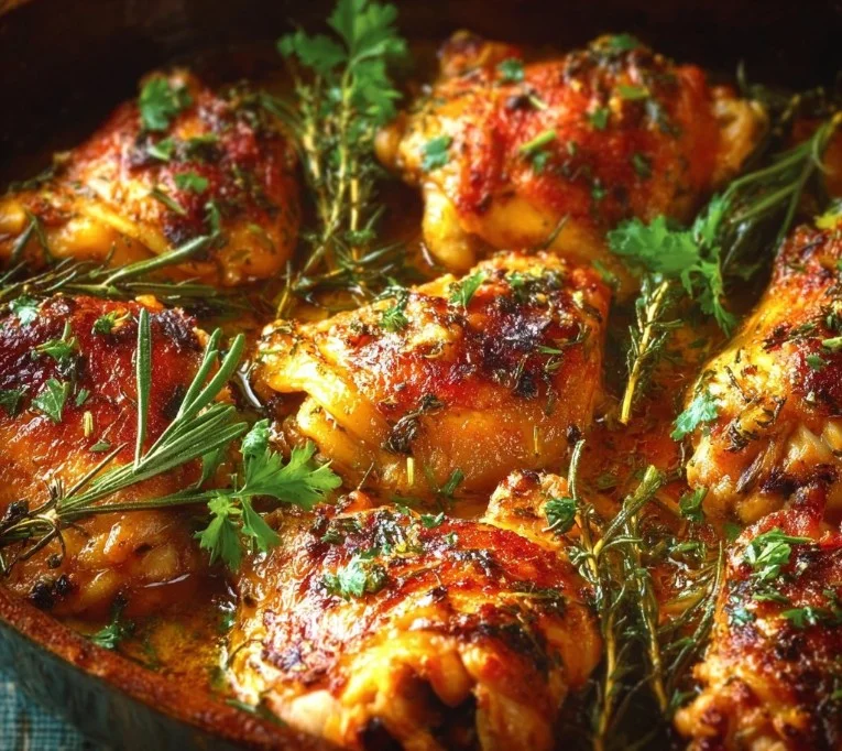 Deliciously baked Mediterranean chicken thighs garnished with herbs and spices.
