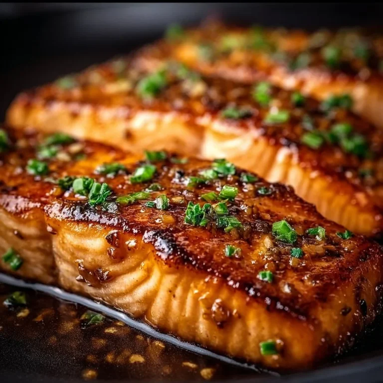 Crispy honey garlic glazed salmon fillet on a white plate with fresh herbs.