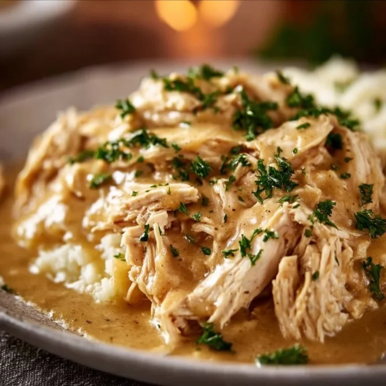 Delicious Easy Crockpot Chicken and Gravy served on a plate