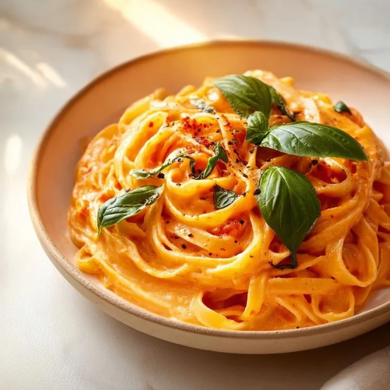 A bowl of easy one pot creamy tomato pasta garnished with fresh basil.