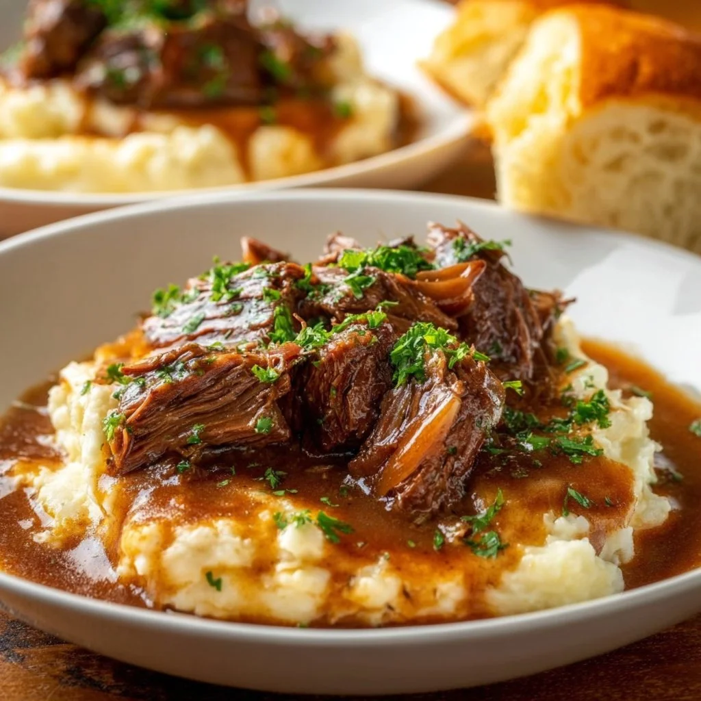 Delicious slow cooker beef manhattan served with gravy and bread