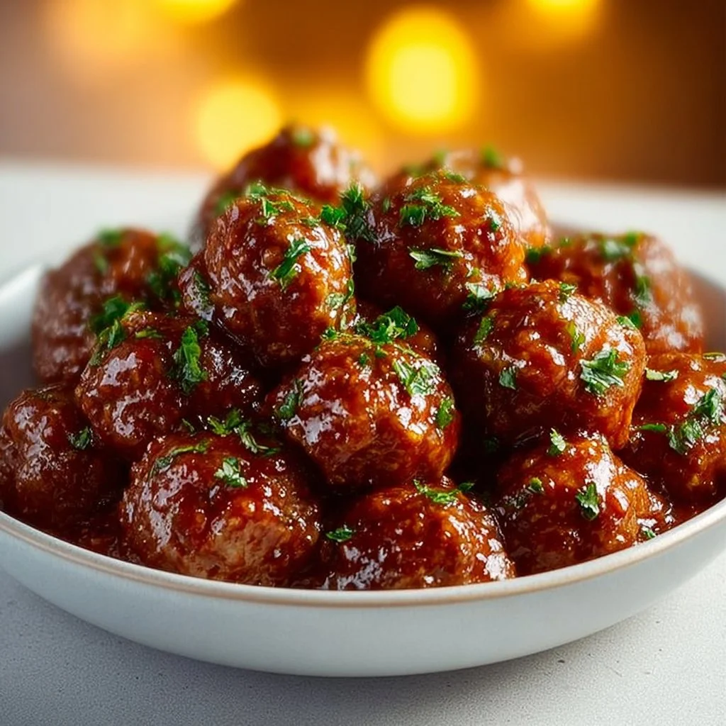 Delicious sweet chili meatballs cooked in a crockpot, ready to serve.