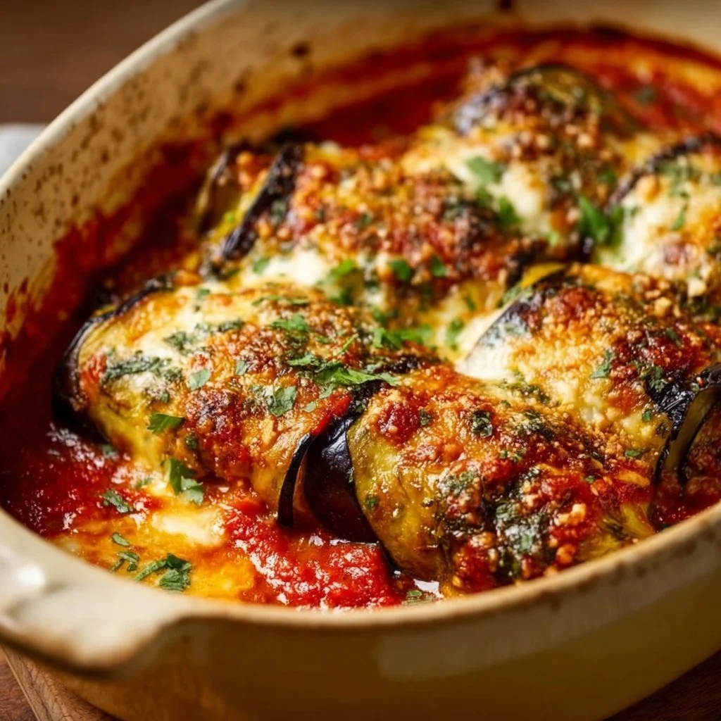 Eggplant Rollatini with ricotta cheese and marinara sauce on a plate