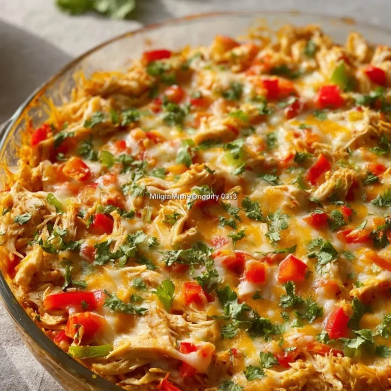 Delicious baked fajita chicken casserole topped with cheese and peppers