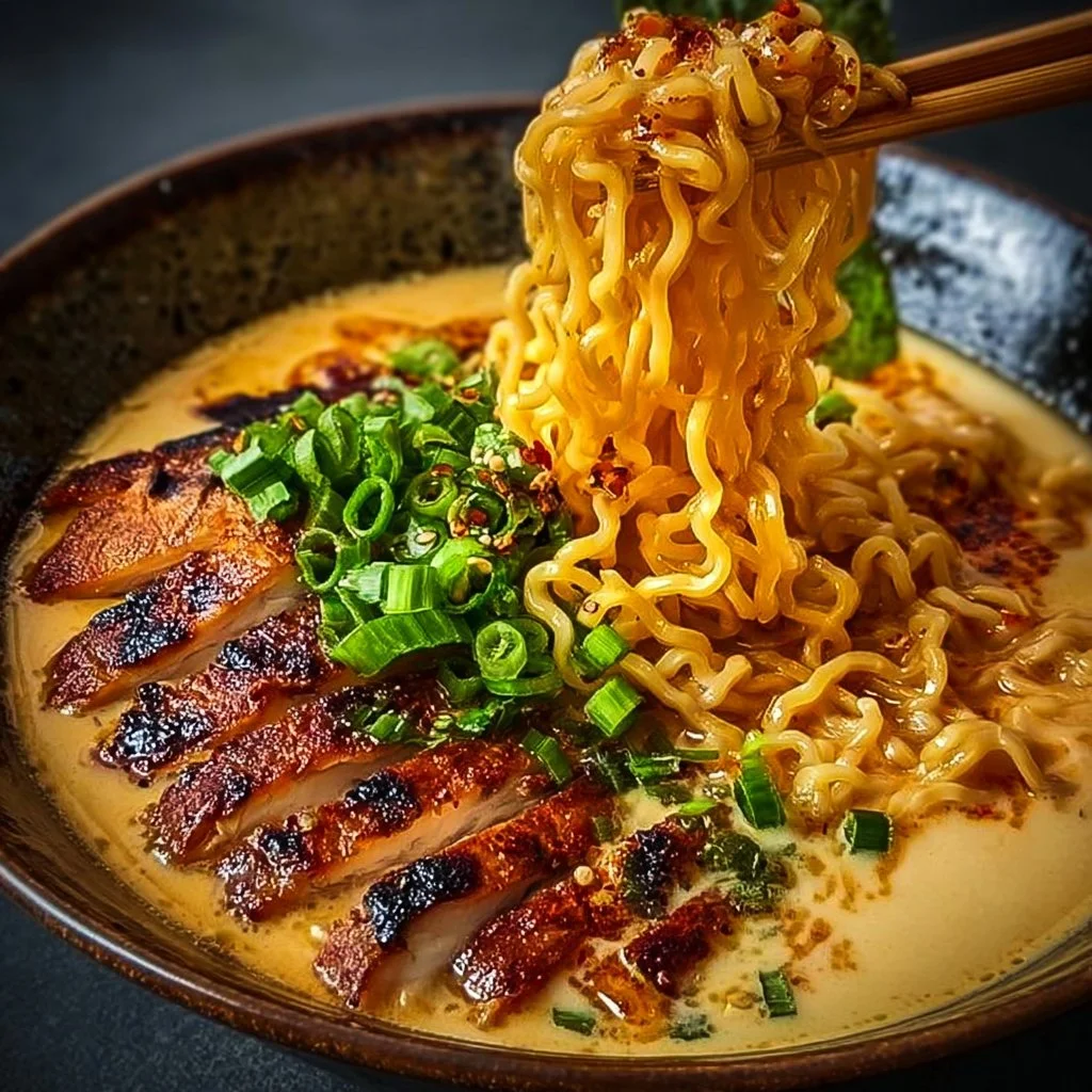Fiery chicken ramen dish topped with creamy garlic sauce in a bowl