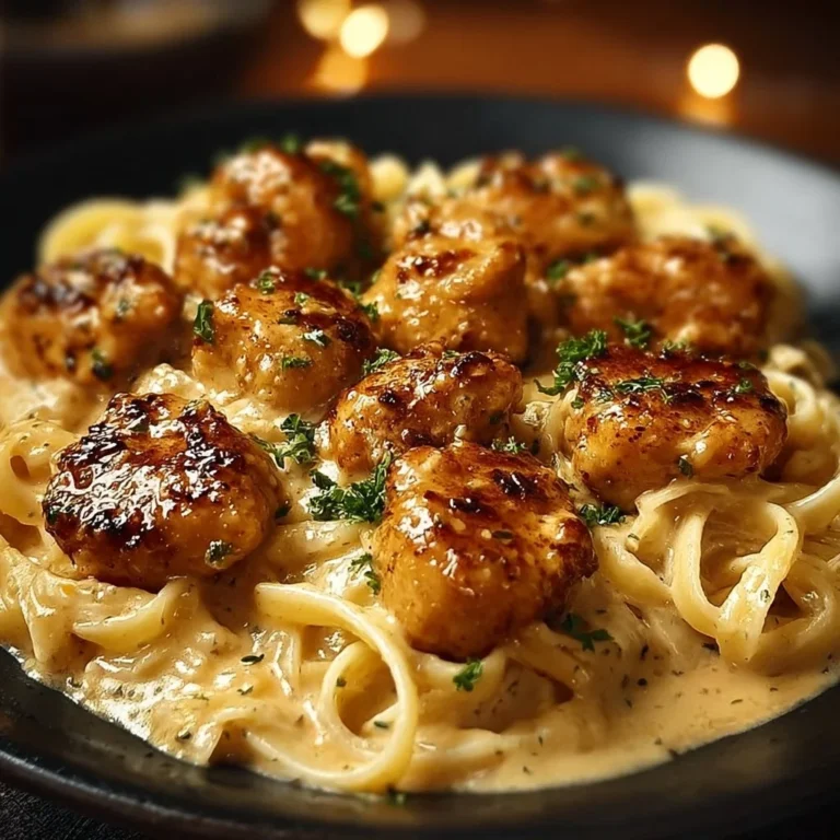 Garlic Butter Chicken bites served with creamy parmesan pasta dish