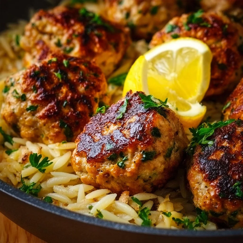 Greek Chicken Meatballs served with Lemon Orzo on a plate