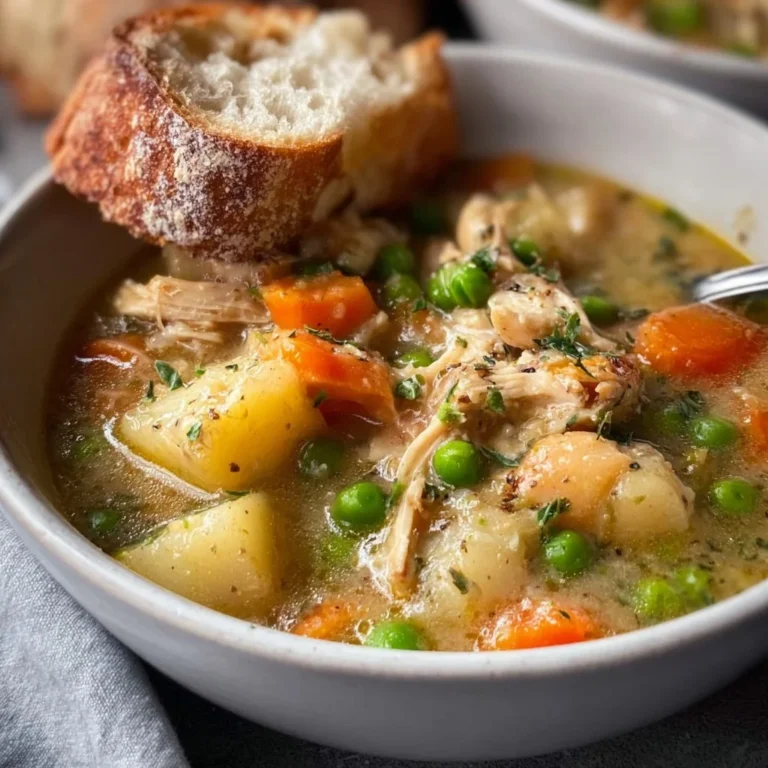 Delicious hearty slow cooker chicken stew in a bowl with fresh herbs