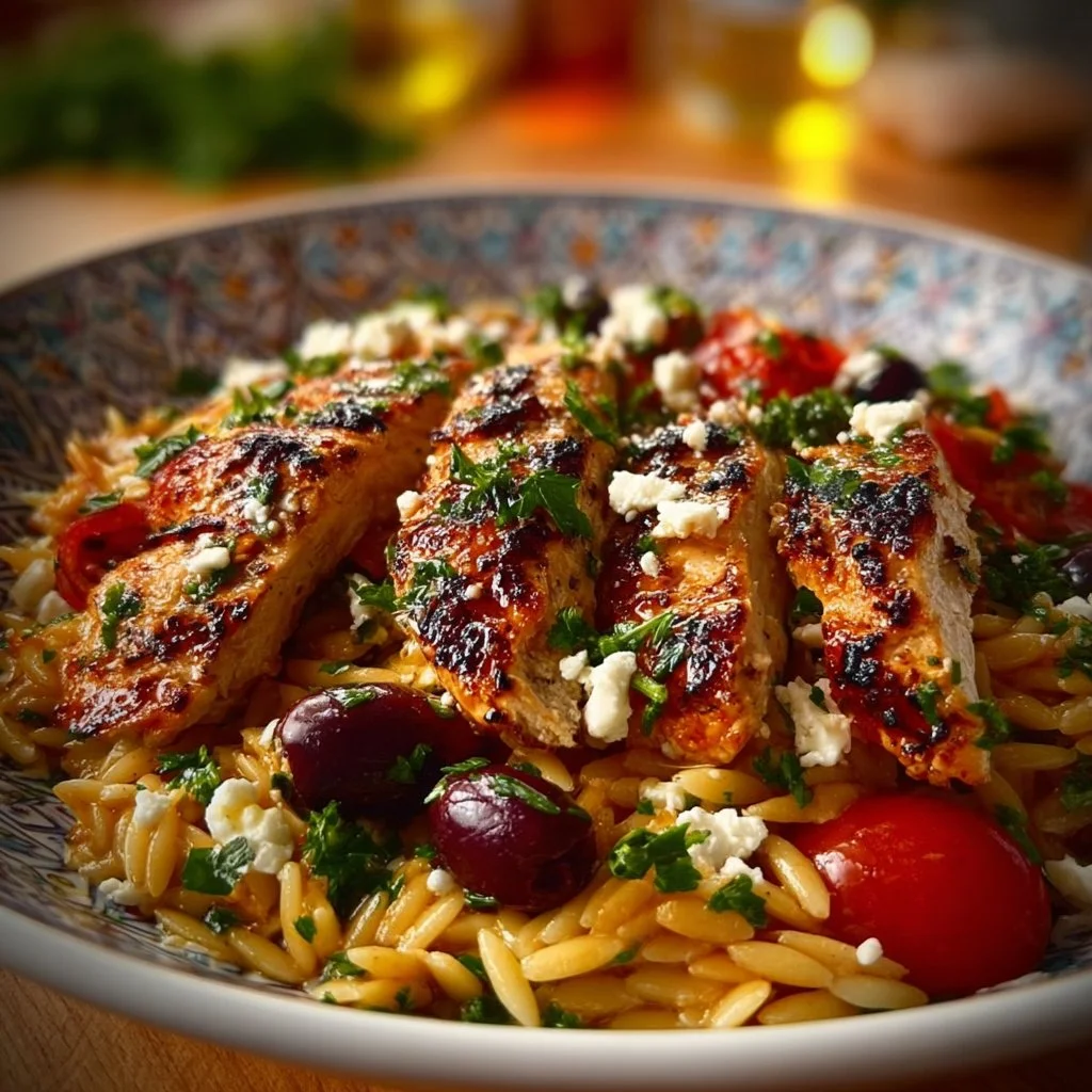 High Protein Mediterranean Chicken Orzo dish served with colorful vegetables