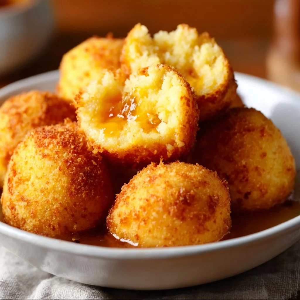 Honey Butter Cornbread Poppers served on a plate garnished with honey and butter.