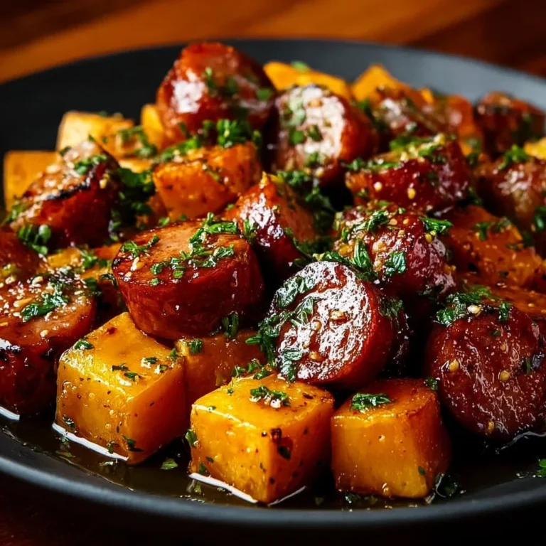 Honey Garlic Sausage served with roasted sweet potatoes