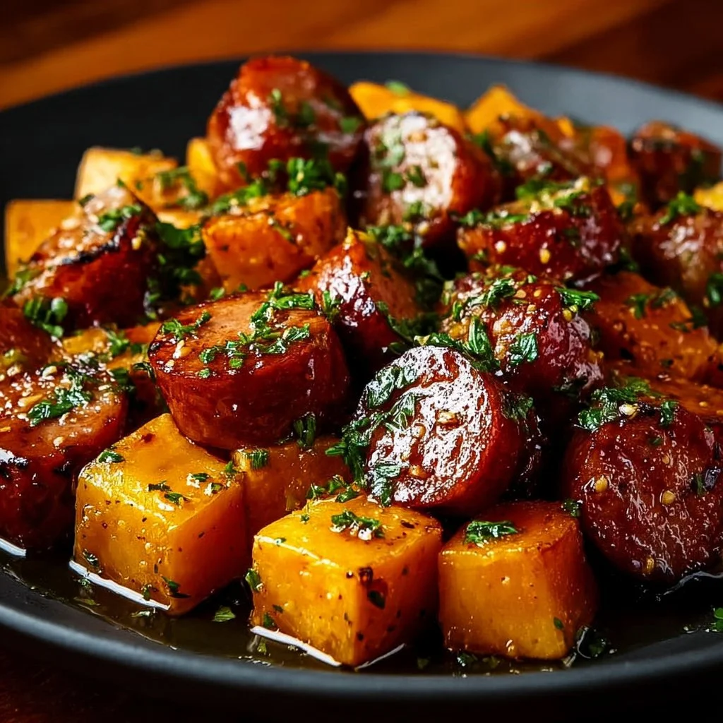 Honey Garlic Sausage served with roasted sweet potatoes