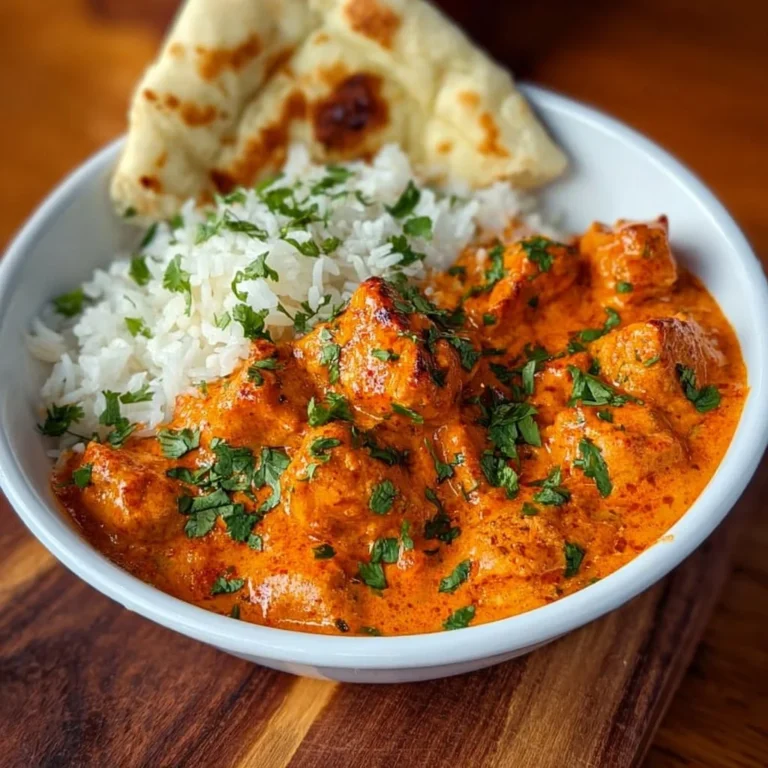 Delicious plate of irresistible butter chicken served with naan and rice.