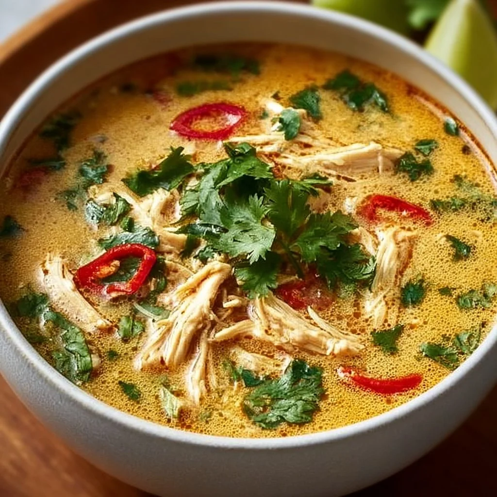 Bowl of Thai coconut chicken soup made in a crockpot with vibrant ingredients.