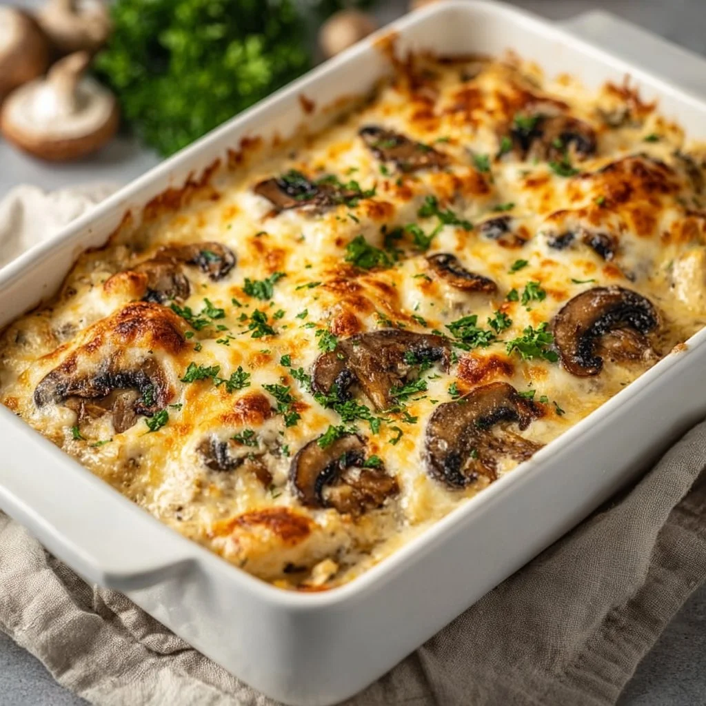 Keto Garlic Mushroom Chicken Casserole topped with herbs and served in a baking dish