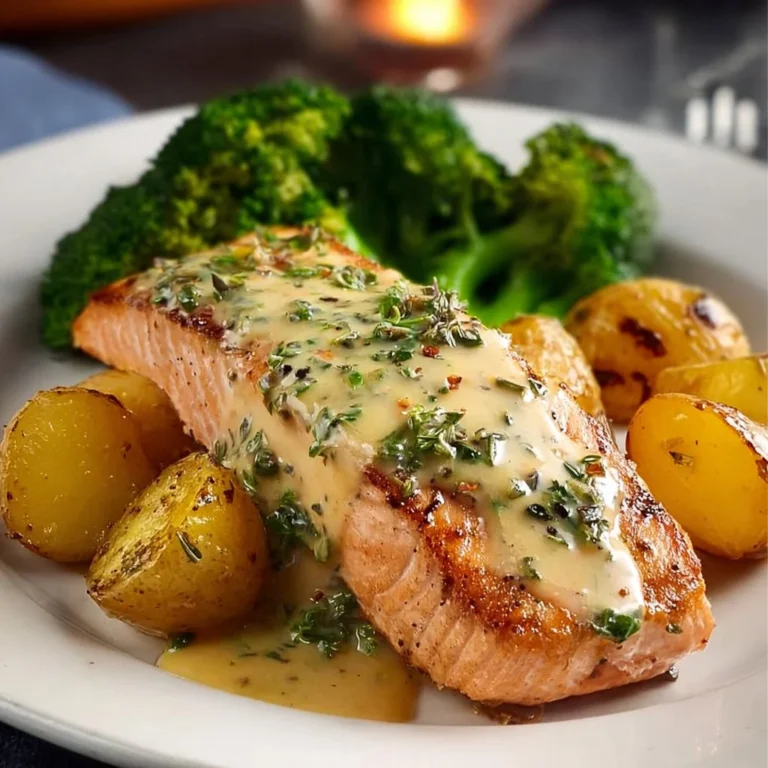Lemon Butter Salmon served with crispy potatoes and broccoli on a plate