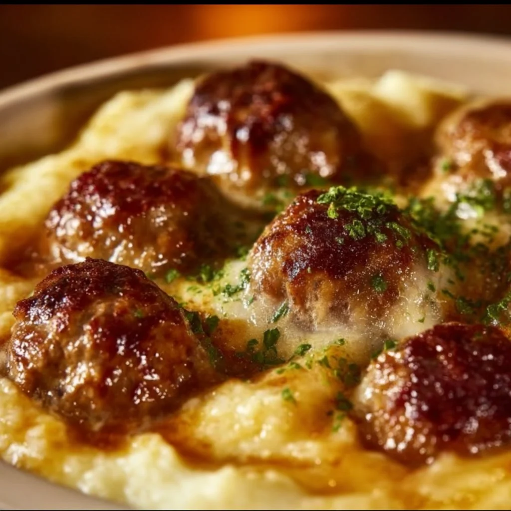 Plate of meatballs served with fluffy mashed potatoes and gravy.