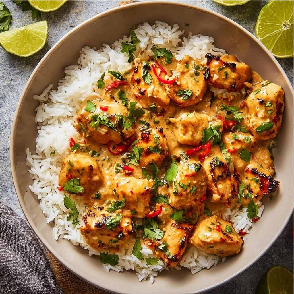 Delicious Thai Peanut Chicken served with fresh vegetables and peanut sauce