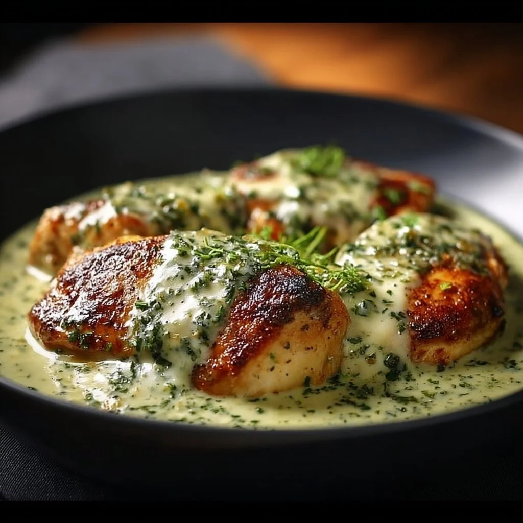 Plate of Mozzarella Chicken in Basil Cream Sauce garnished with fresh basil