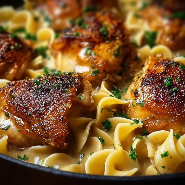 One-pan chicken with buttered noodles served in a skillet