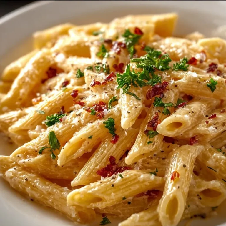 One Pot Creamy Garlic Pasta served in a bowl with parsley garnish.