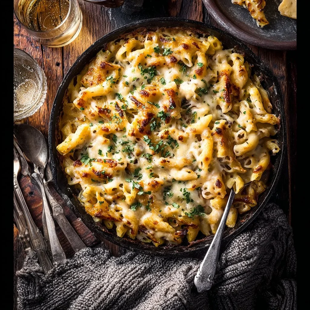 One pot white chicken chili mac and cheese dish served in a bowl with toppings