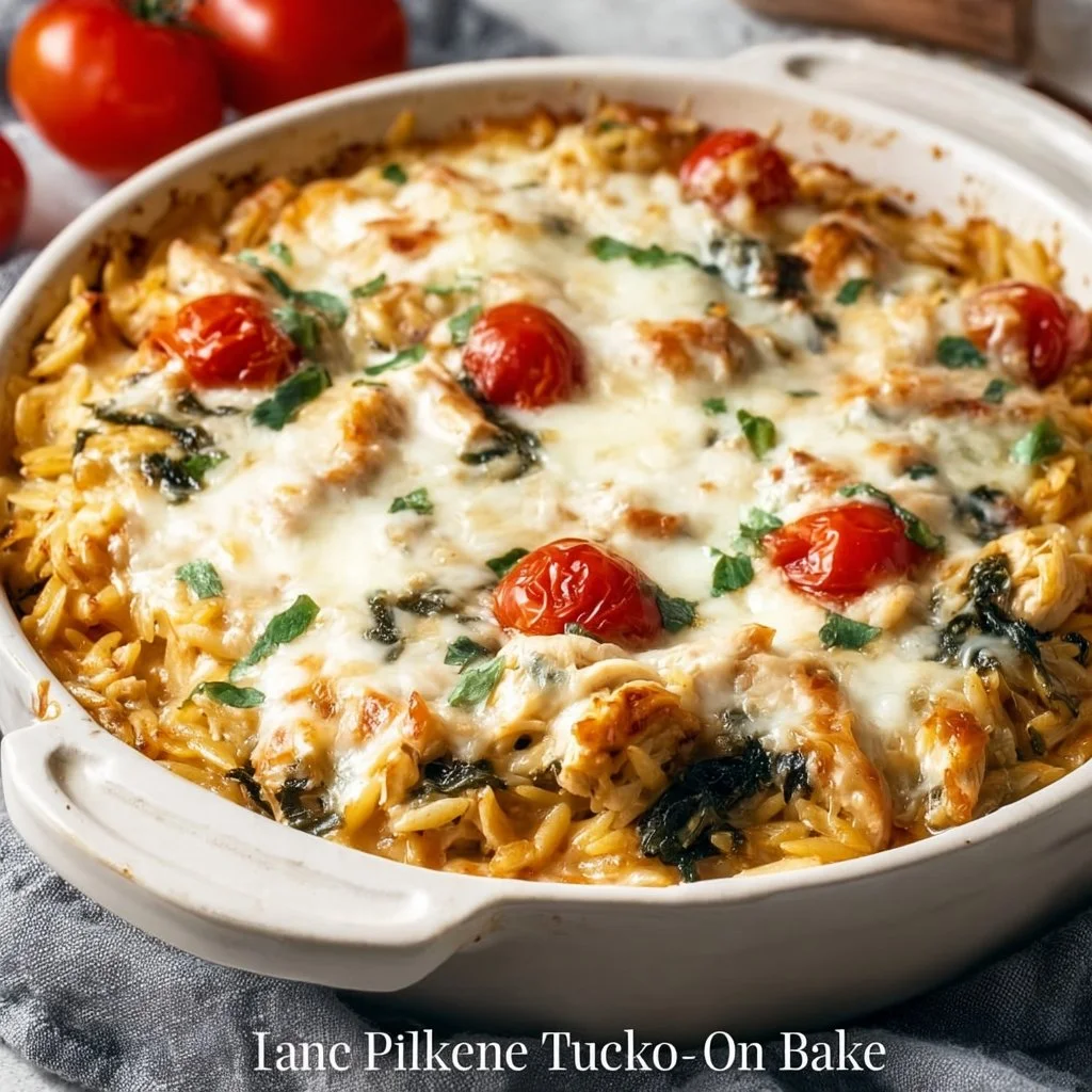 One-pan Orzo Tuscan Chicken Bake with colorful vegetables and herbs