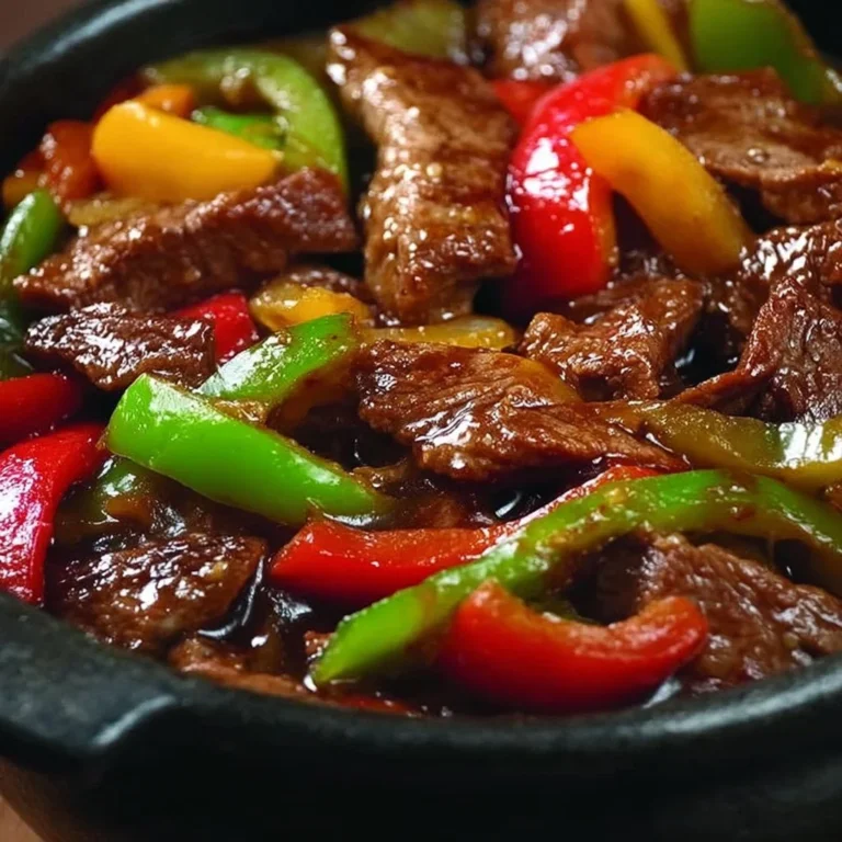 Delicious pepper steak cooked in a crock pot with colorful bell peppers and spices