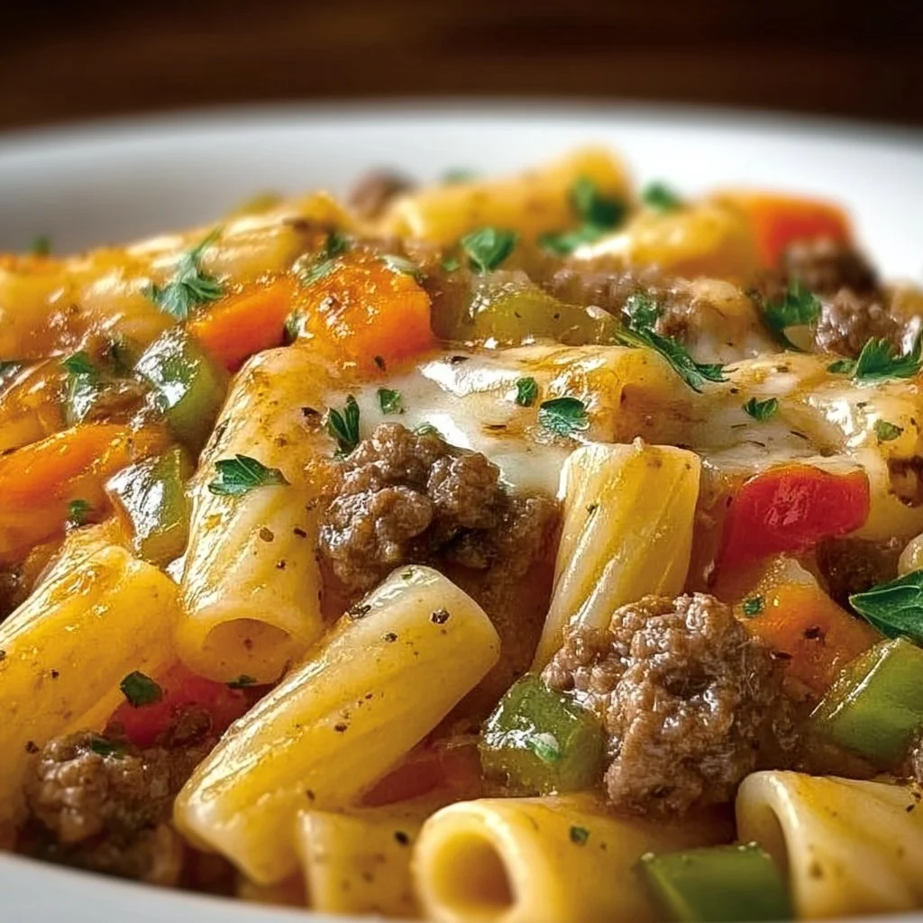 Delicious Philly Cheese Steak Pasta served in a bowl with peppers and cheese