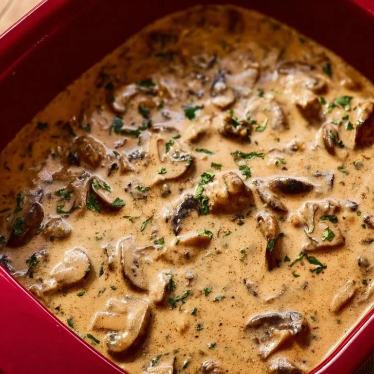 Creamy and savory mushroom stroganoff served in a bowl with herbs