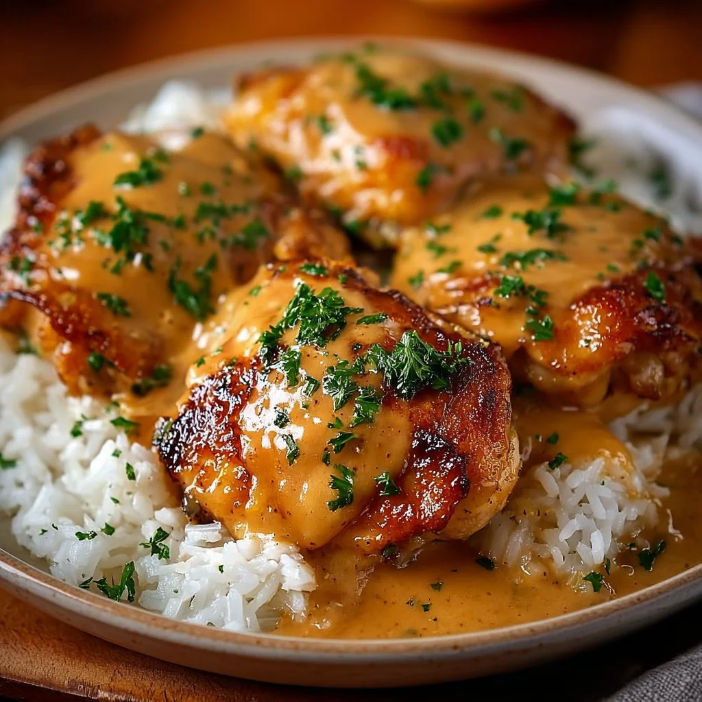 Delicious plate of savory smothered chicken served with rice