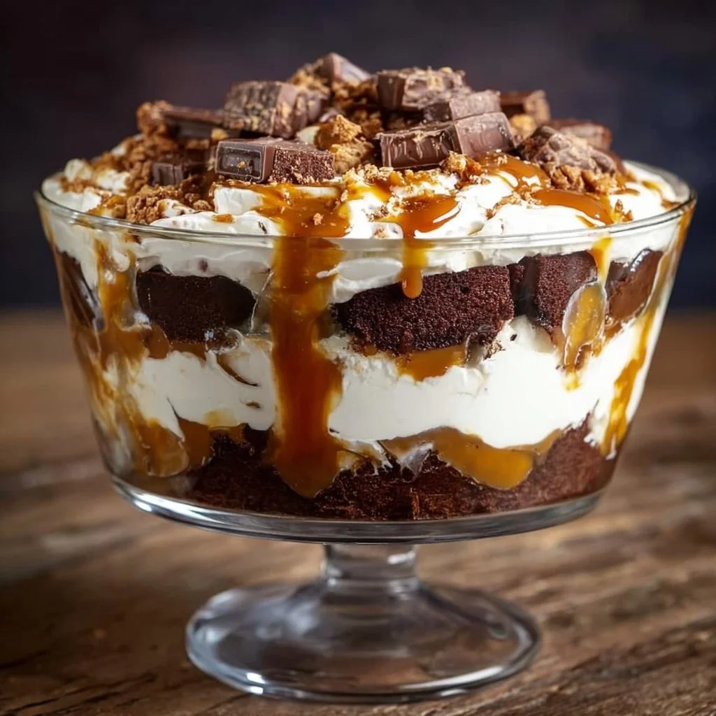 Delicious scoop of Heaven Trifle dessert layered with cream and fruit.