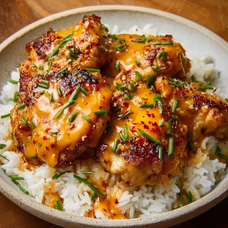 Skillet Bang Bang Chicken Thighs garnished and served in a skillet