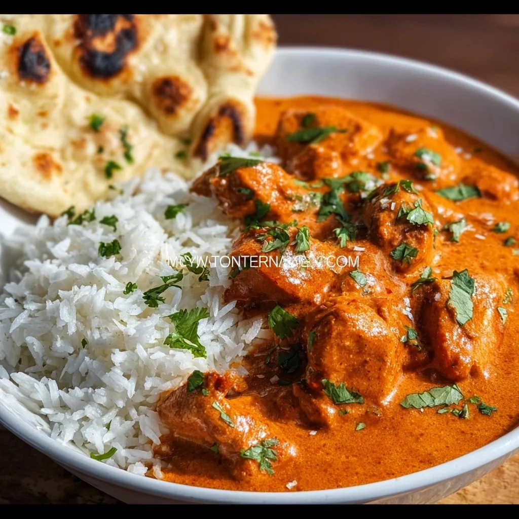 Delicious slow cooker butter chicken served with rice and garlic naan