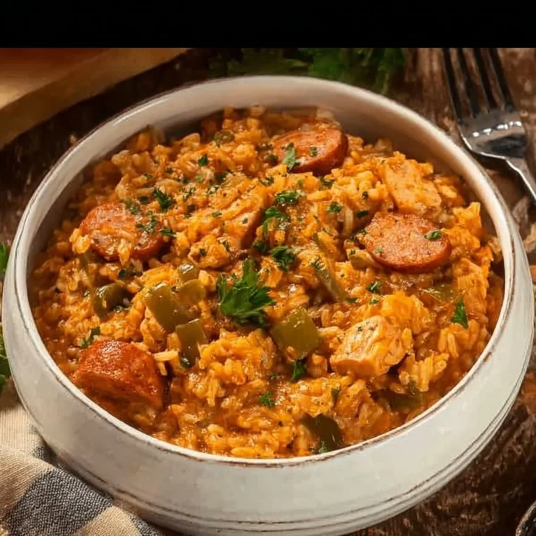 Slow Cooker Chicken Jambalaya with rice, spices, and vegetables