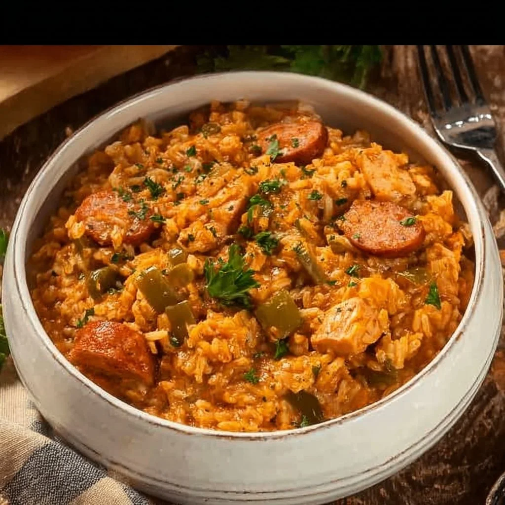 Slow Cooker Chicken Jambalaya with rice, spices, and vegetables