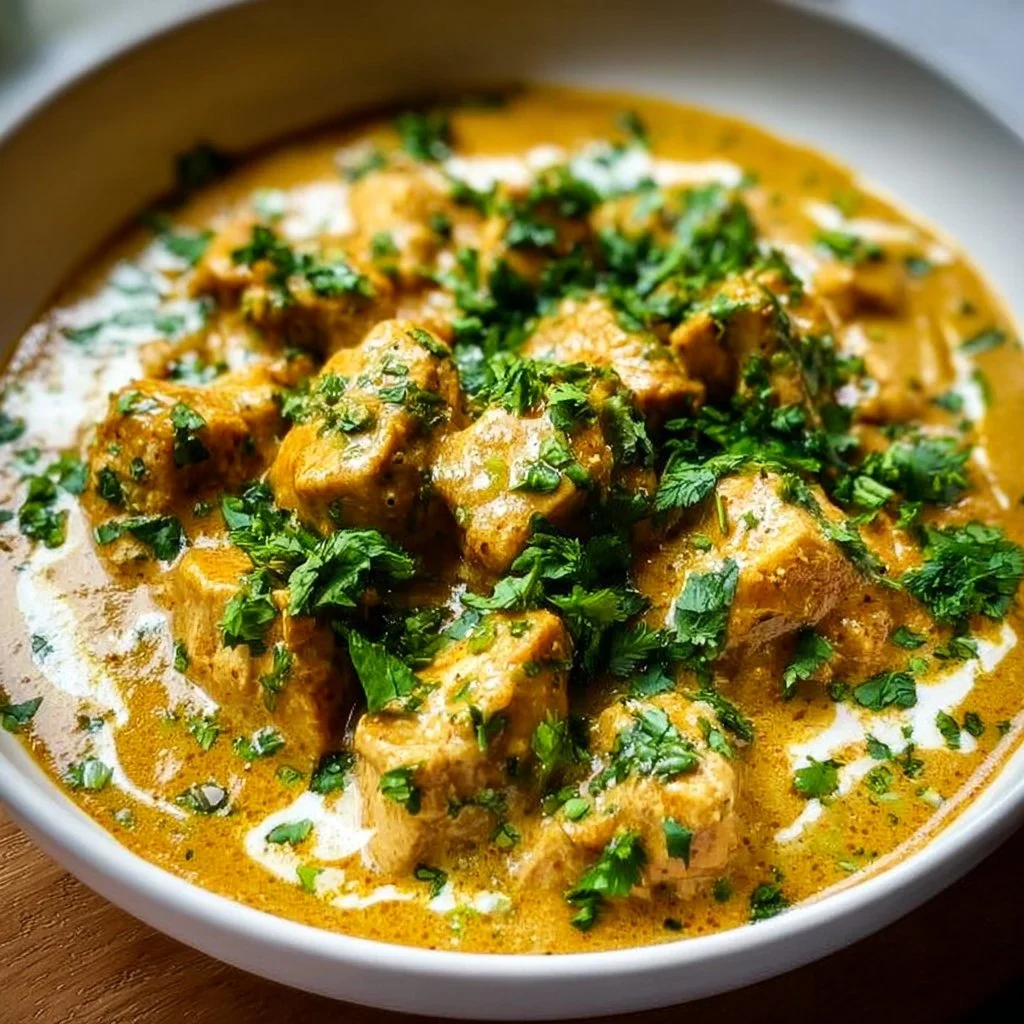 Delicious slow cooker chicken korma served with rice and garnished with cilantro