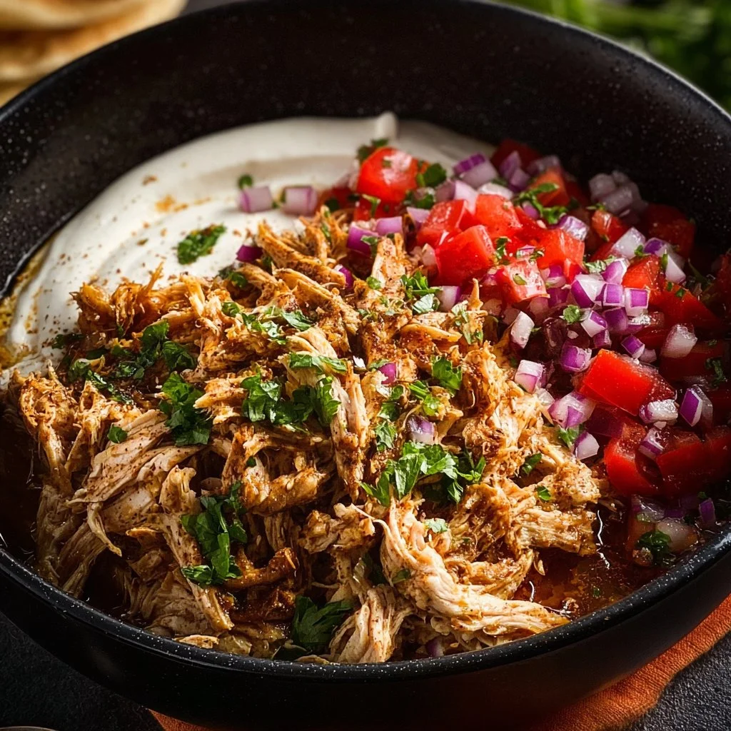 Delicious slow cooker chicken shawarma served with pita and vegetables