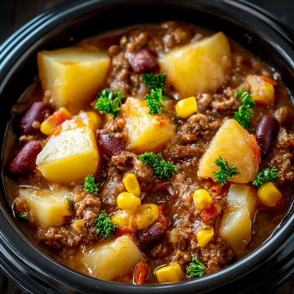 Delicious slow cooker cowboy casserole with layers of beef, beans, and cheese